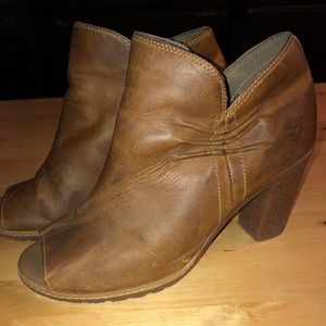 Timberlands ruched, peep toe booties.